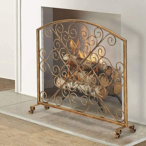 Funkenschutz für Kamine, Einzelpaneel mit dekorativer Schnörkel, Funkenschutz für offenes Feuer für die Sicherheit von Babys und Haustieren, Vintage-Gold-Finish