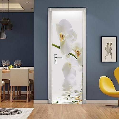 A.Monamour Türtapete Selbstklebend Türfolie Türposter 3D Weisse Orchidee Vinyl Folie Türdeko Tapete Wandbild Türaufkleber Türtattoo 85x215cm