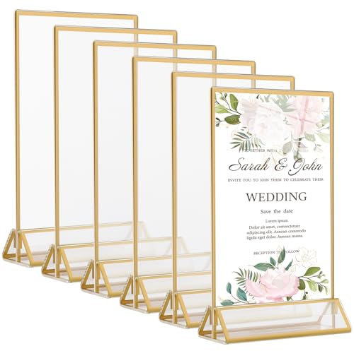 6 Stück Tischaufsteller Acryl A6,Goldener Doppelseitiger Bilderrahmen,Plexiglas Menükartenhalter Gold, T-Ständer, Thekenaufsteller, Fotorahmen für Foto, Hochzeitstischnummern, Cafe, Restaurant