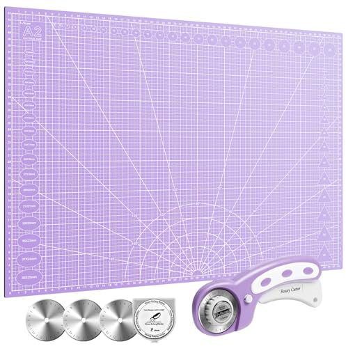 Miuzei Schneidematte A2 A3 Selbstheilende mit Rollschneider Ersatzklingen 45mm,Groß Bastelunterlage Schnittfest Mat Set,Schneideunterlage Nähen Cutter Stoffschneider für Stoff,Leder,Lavendel