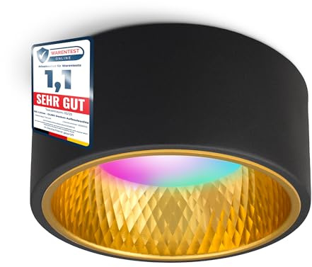 SSC-LUXon OLINO Aufbauleuchte schwarz gold kompatibel mit Alexa, Siri & Google - Spotleuchte flach inklusive Smart LED RGBW GX53