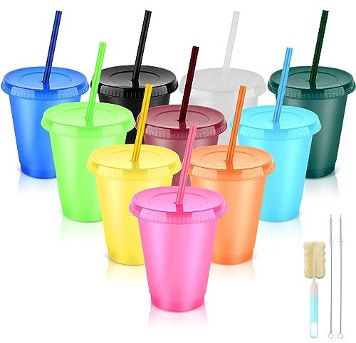 NUZEKY Reusable Plastic Cups with Straws & Lids: 16oz 10Pcs Cold Iced Coffee Drinking Cup Colorful Straw Tumblers Bulk - Cute Durable Travel Party Cup for Adults