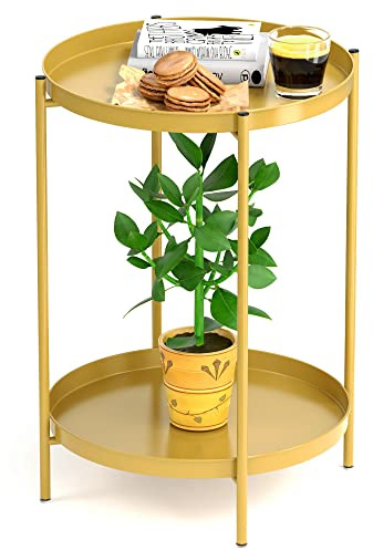 Ovicar Beistelltisch Rund Couchtisch 2-Ebenen - Kleines Beistelltisch Metalltablett Snacktisch Teetisch Nachttisch Sofatisch für Wohnzimmer Schlafzimmer Balkon Terrasse, Gold