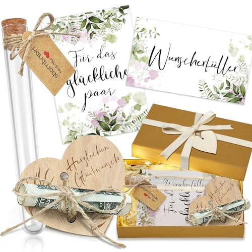 Hochzeitsgeschenke für Brautpaar, INYESKON Geldgeschenke Hochzeit Hochzeitsgeschenk Geld Hochzeitskarte Personalisiert mit Lichterkette Raffia Gras Holz Herz Geschenkbox Verpackung Geschenkideen