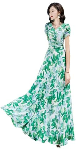 Robe Longue D'été en Mousseline De Soie À Fleurs, Col en V, Slim À La Cheville, Robe Super Longue Light EN8 3XL