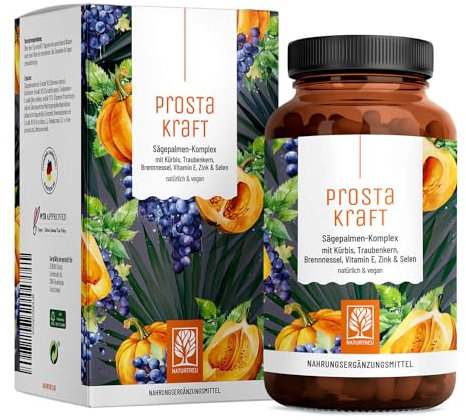 NATURTREU® Prostakraft - 120 vegane Kapseln hochdosiert mit Sägepalmenextrakt (301 mg), Brennnessel, Kürbiskern mit Vitamin E, Zink, Selen - 2 Monatsvorrat