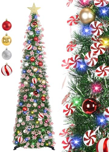HMASYO Árbol de Navidad desplegable de 5 pies con luces de temporizador y decoraciones, árbol de Navidad de oropel verde con dulces y 24 bolas, decoración de Navidad plegable para el hogar, oficina,