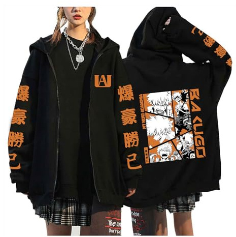 zhedu My Hero Academia Sweat À Capuche Zippé Noir À Manches Longues Confortable Hip Hop Y2k Manga Pulls Haute Qualité Épaule Tombante Dessin Animé Harajuku Vestes (M,Color 01)