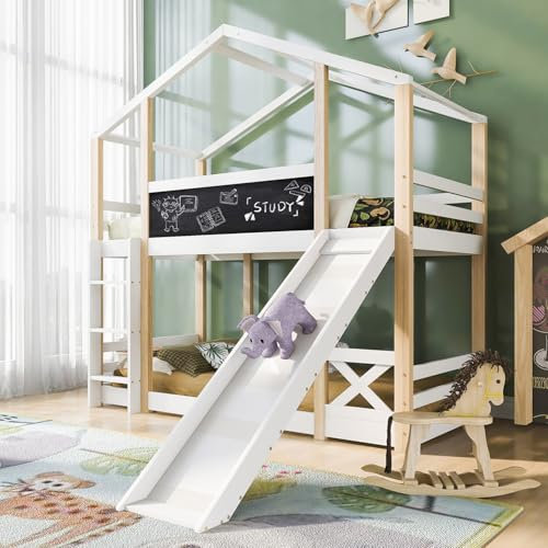 Qiang Cama Infantil Litera 90x200cm,Cama Alta Infantil con Tobogán Y Bloc De Escritura,Litera para 2 Niños, Cama Casita De Madera Maciza, Estructura De Litera, Cama Juvenil, Sin Colchón