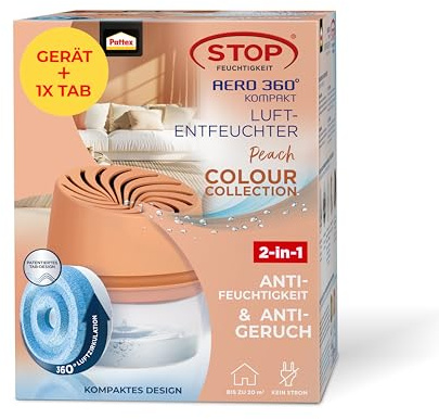 Pattex AERO 360° Kompakt Luftentfeuchter Peach, 1 Gerät inkl. 1 Tab | 360°-Lufttunnel für effiziente Zirkulation, Aktiv-Kristalle mit Antigeruchsmittel, ohne Strom, leise, für Räume bis 20m²
