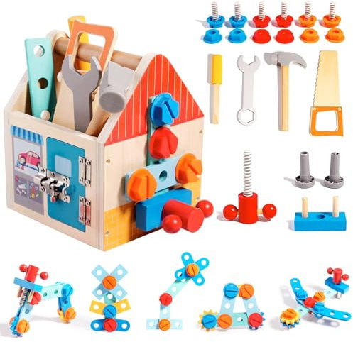 ANYCESO Montessori Spielzeug Busy Board-Werkbank Kinder Holzspielzeug Kinderwerkzeug Spiel Werkzeugkoffer Rollenspiele Konstruktionsspielzeug Bohrmaschine Lernspiele Kinderspielzeug Ab 3 4 5 6 Jahre