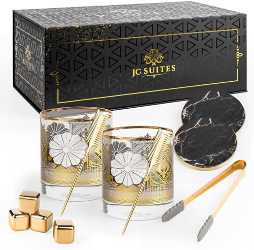 Juego de vasos de whisky – Vasos antiguos para hombres, juego de regalo de vidrio de bourbon y vaso de whisky, juegos de vasos de whisky con vasos escoceses, cubitos de hielo reutilizables y posavasos