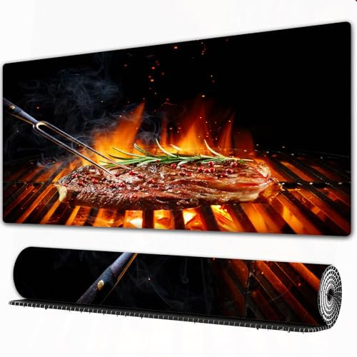 FEHWI Mauspad 80×30 cm Verlängertes großes Mauspad Schreibtischauflage,Entrecote-Rindersteak auf dem Grill mit Rosmarin, Pfeffer und Salz - Barbec,genähte Kanten Gaming Mauspad,rutschfeste Gummibasis
