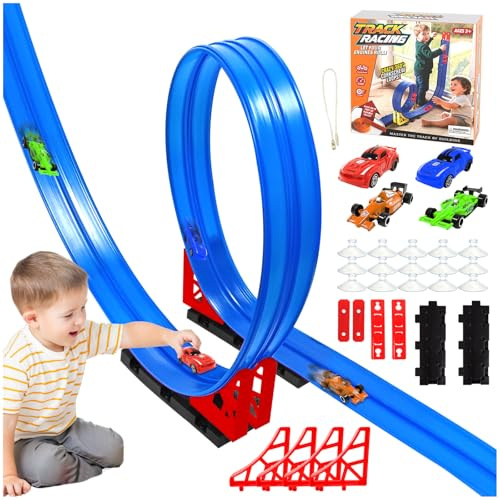 TOGETDREAM 4 m bilbana för barn, flexibel rullbar bilbana med 4 bilar bärbar racerbana dubbelspår gummi flexibel racingbana för pojkar present