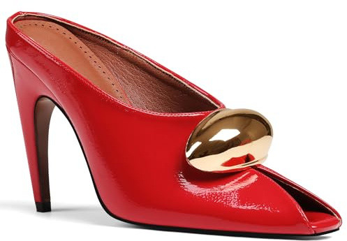 Oiamenne Stiletto Heels for Women Peep Toe Heeled Mules Sandals Pointed Toe Pumps High Heeled Sandals for Women Comfortable Casual Wedding Office Dating Dress Shoes, Patent Red, 6 UK