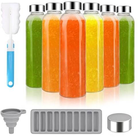 Glass Juice Bottles with Lids for Juicing, 500ml Clear Glass Water Bottles | Reusable Glass Water Bottles with Stainless Steel Airtight Cap for Refrigerator, 100% Leak Proof, BPA Free, Set of 6