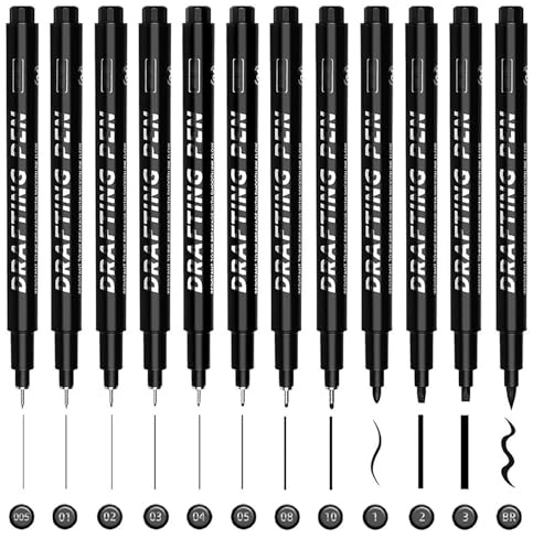 Keratobleem 12 Pcs Penne per Calligrafia,Lettering a Mano, Set per Calligrafia Nera per Principianti, 12 Misure per Disegno Tecnico, per Scrivere Biglietti, Disegnare, Fare Schizzi
