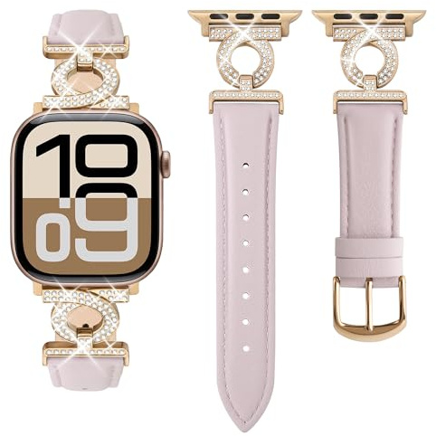 wutwuk Läderarmband kompatibelt med Apple Watch armband 40 mm 42 mm (S11/10) 41 mm 38 mm, damarmband med strass-spänne för iWatch SE Series 11 10 9 8 7 6 5 4 3 2 1, roséguld + rosa