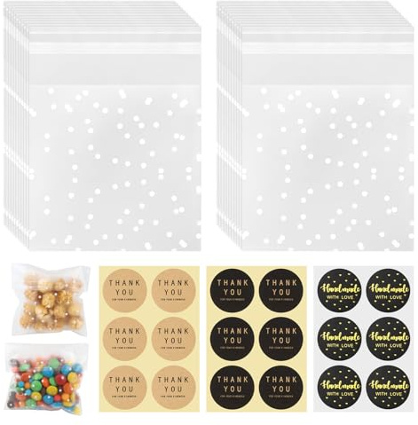 200 Stück Selbstklebende Cellophantüten 10x10 cm mit 300 Dankeschön-Tags– Halbtransparente Geschenktüten, Zellophantüten Klein für Süßigkeiten, Kekse, Pralinen, Petits Sacs en Cellophane