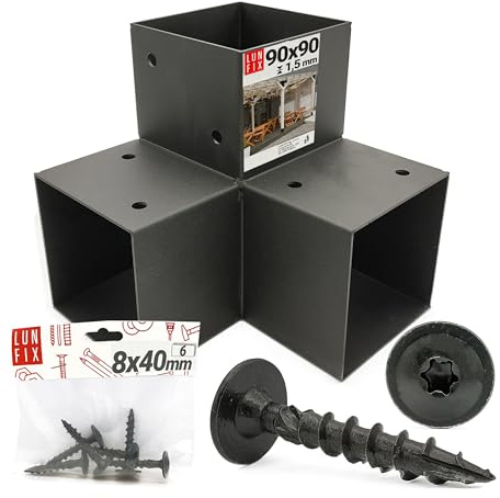 Connecteur Y acier 92x185x182x1,5 mm 1,5 mm, 6 vis 8x40 mm, support noir | connexion poutre bois, connecteur pergola carport terrasse clôture, support poteau bois, extérieur, Lun Fix