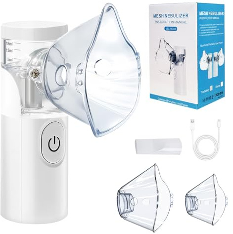 Nebulizador portátil silencioso recargable, atomización y absorción eficientes, accesorios con 2 máscaras y 1 boquilla, adecuados para adultos y niños, uso familiar y viajes (Blanco)