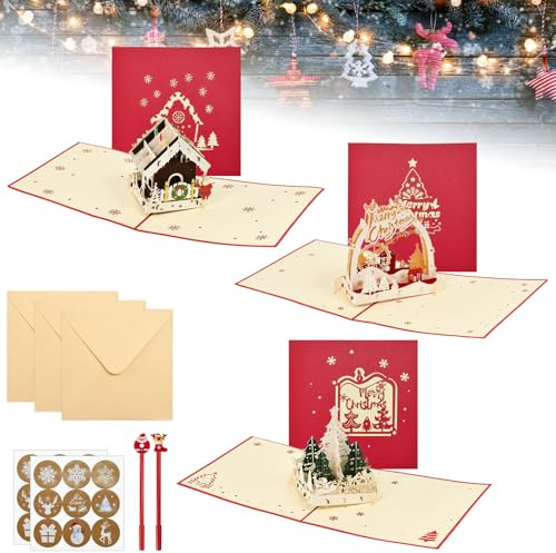 Huucozn 3 PCS Tarjeta Navidad con Sobre, Tarjetas Navideñas 3D, Tarjetas de Felicitación para Navidad, Tarjeta Pop Up Navidad con Motivos de Árbol/Casa de Navidad, Postales 3D Navideñas para Regalos