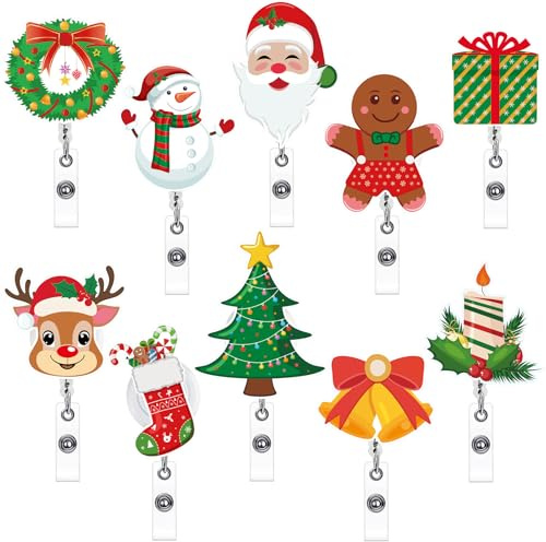 Morcheiong Confezione da 10 porta badge retrattili natalizi con clip a coccodrillo girevole per infermiere, porta badge identificativo, clip retrattile, per studenti, insegnanti, impiegati