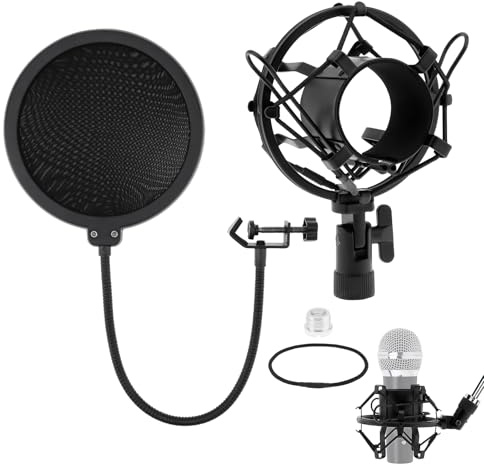 Lifexciting Anti-vibration Microphone Shock Mount for 46mm-50mm Condenser Microphones with Pop Filter for Broadcasting Studio Music Recording, Wind Pop Screen Flexible 360 Degree Gooseneck Clip Arm