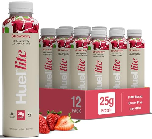Huel Lite Ready to Drink, 12 x 500ml Bottles, Strawberry Flavour 25g Protein Shake, 190 Calories Meal Replacement Shake, Low Sugar, High Fibre, Vegan Protein Drinks with 26 Vitamins & Minerals