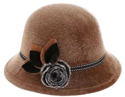 XUCZHAI Minkhår melonhatt för kvinnor, vintage, elegant, brun, för fiskare, bröllop, kyrka, jazz, höst och vinter (mörk khaki)
