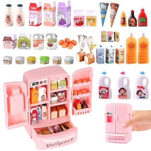 Accessori per elfo, accessori per casa delle bambole, mini cucina per bambini con mini frigorifero giocattolo con oltre 40 mini alimenti – Frigorifero realistico per cucina dei bambini, inclusi gelati