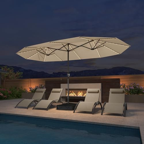 PURPLE LEAF Sonnenschirm Rechteckig 425 x 245 cm mit LED Doppelsonnenschirm Groß XXL mit Kurbel Marktschirm mit Ständer Gartenschirm UV-Schutz für Terrasse Garten, Beige