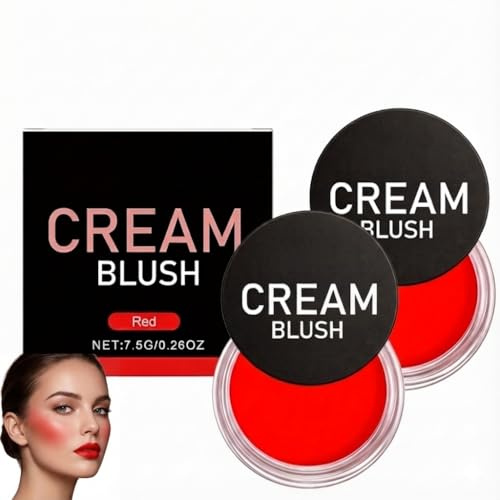 Blush crema rossa, palette di fard in crema multiuso per illuminare, fondotinta anti-poro, contouring, impermeabile e facile da sfumare, per l'uso quotidiano e per le feste. (2 pezzi)