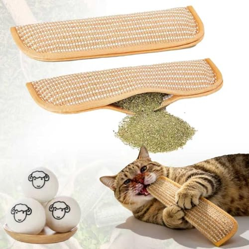 Udihch Cat Toys Variety Pack with 3 Lamb-Scented Wool Balls & 2 Soothing Sisal Pillows, 6000mg Organic Catnip for Indoor Cats, Kicker Chew Toys for Boredom Relief and Fun Interactive Play
