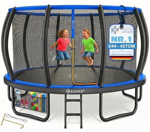 KESSER® Trampolin Outdoor Ø 244/305/366/427 cm, GS-Zertifikat, Gartentrampolin für Kinder & Erwachsene <150 kg mit Sicherheitsnetz, inklusive Tasche, Leiter, Randabdeckung & gepolsterten Netzstangen