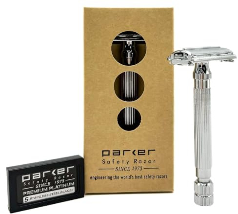 Parker Safety Razor Modell 82R, Deluxe verchromt Heavyweight Twist-to-open-Schmetterling Safety Razor & 5 Parker Double Edge Blades