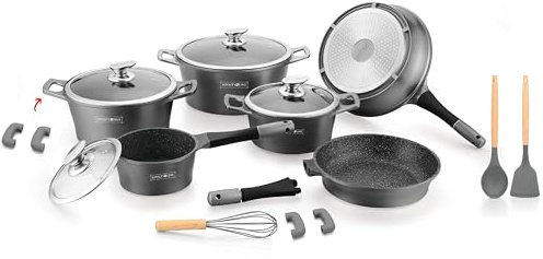 ROYALTY LINE, 17-teiliges Set, Kochgeschirr aus Druckguss-Aluminium, marmorierte Beschichtung, mit Silikongriffen, 24-28 cm, grau