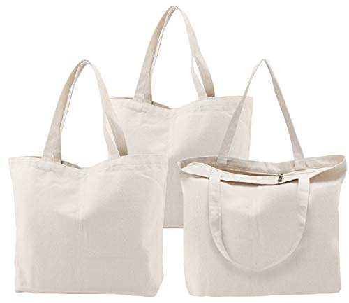 Segarty 3PCS 16.5x13 inch Natural Heavy DIY Tote for Crafting, Ironing and Embroidering, White Canvas Reusable Grocery Shopping Bag with Zipper