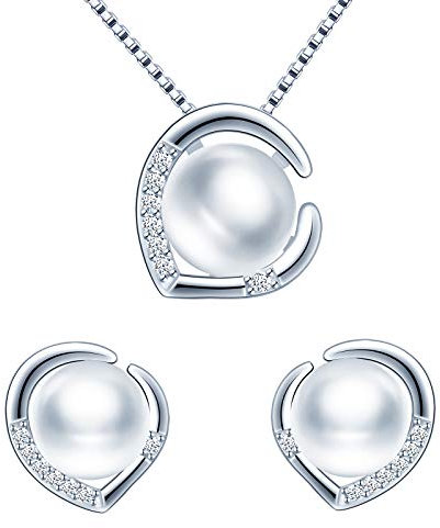 Yumilok Damen Schmuckset Halskette mit Perlen Zirkonia Anhänger & Damen Ohrstecker Ohrringe aus 925 Sterling Silber für Frau Mädchen