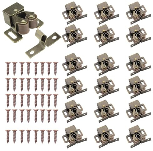20 Pack Double Roller Catch Antique Copper Finish, Strong Hold Cupboard Cabinet Roller Catch Hardware with Screws for Home Furniture Cabinet Closet Doors