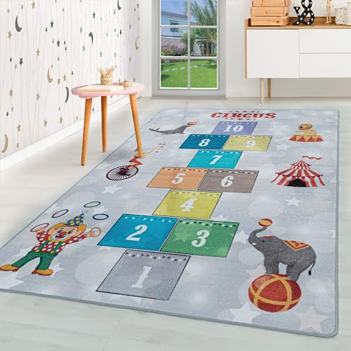 HomebyHome Alfombra Infantil Gris 100x150 cm Circo Rayuela Diseño Moderno Antideslizante Lavable Fácil Cuidado Suave Antialérgica Habitación