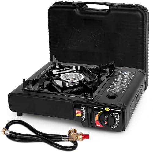 SHINESTAR Dual Fuel Portable Gas Stove for Propane & Butane, Camping Stove with Single Burner, Propane Adapter Hose and Carrying Case Included, 7800BTUs