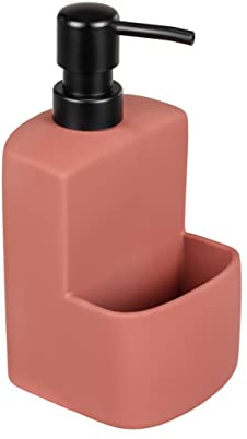 WENKO Spülmittelspender Festival Siena, Seifenspender für die Küche, hochwertige Keramik mit Soft-Touch Oberfläche, extra Fach für den Spülschwamm, Fassungsvermögen 380 ml, 10 x 18 x 10 cm, Ziegelrot