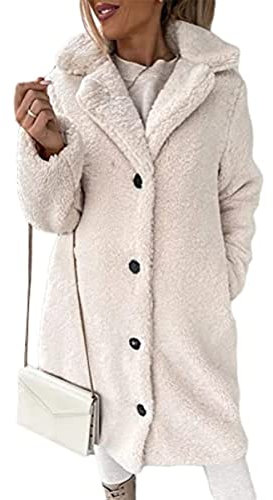 Vagbalena Frauen Lange Fleece Jacke Taste vorne Langarm Revers Wolle Mantel Graben Mantel Elegante licht Teddy Fell Mantel mit Taschen Herbst Winter (Apricot,S)