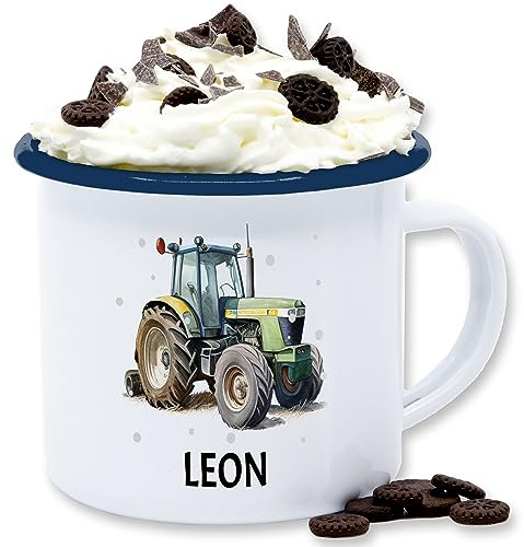 Emaille Tasse Blechtasse - Trecker Name I Trecker Fan I Traktor Geschenk personalisiert I Geschenk Landwirt - 300 ml - Weiß Blau - traktoren leon becher bulldog bauer enamel mug landwirtschaft