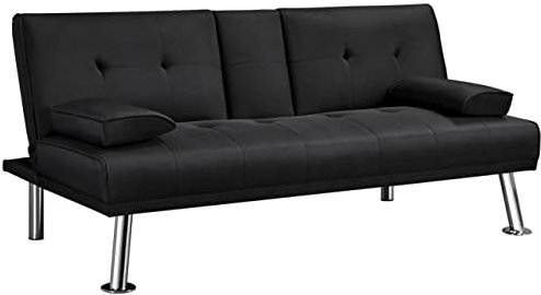 Yaheetech Divano Letto con 2 Braccioli Staccabili Divano Trasformabile Mobile Imbottito a 3 Posti Divanetto Reclinabile da Salotto con Supporto Centrale Porta Bicchieri Nero/Tessuto