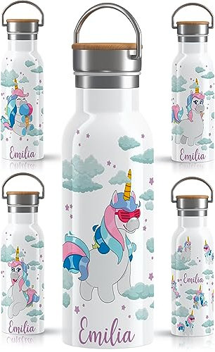 OWLBOOK Einhorn Brille personalisiert Kinder Einhorn Mädchen Edelstahl mit Strohhalm - Thermosflasche 600 ml BPA frei Auslaufsicher - Kindertrinkflasche für Schule Kindergarten Sport & Outdoor