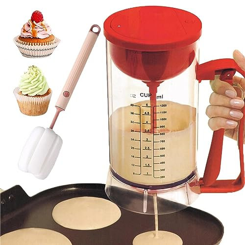 GaNkas 1200ML Batter Dispenser, Cupcake Batter Dispenser, Pancake Batter Dispenser with Measuring Label, Batter Dispenser with Squeeze Handle for Pancakes, Cupcake, Waffle, Muffin Mix, Crepe & Cake