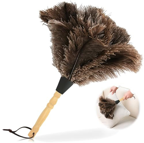 Nizirioo Spolverino di struzzo, 34 cm, con manico in legno, per camera da letto, soggiorno, biblioteca