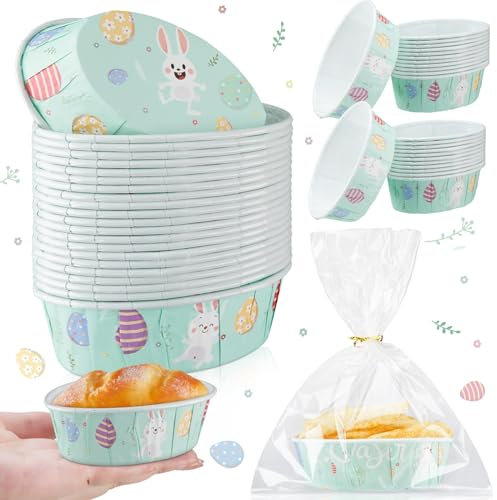 FillTouch 25 Stück Osterhasen-Eier, Papier-Kastenformen, 7,6 x 5,1 x 2,8 cm, Mini-Kastenform mit transparenten Plastiktüten und Bändern, Einweg-Kuchenförmchen, ovale Einweg-Kuchenförmchen,